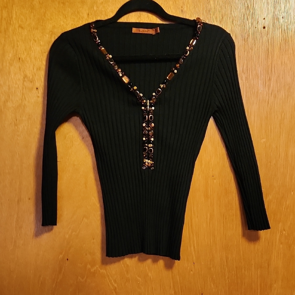 Belldini Black V-Neck Sweater with Gold Accents